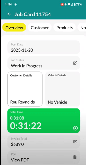 Workshop Software screen showing job card overview tab once you open a job card you will be able to see overvi…