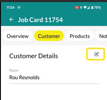 Workshop Software screen showing if you click on the box symbol next to customer details, you will be able to …