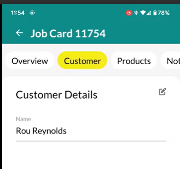 Workshop Software screen showing customer tab if you select the customer tab you will see the customer details