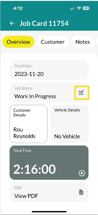 Workshop Software screen showing job status when you open a job you are able to change the status of the job b…