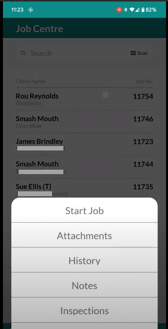 Workshop Software screen showing you will then have your options to start job / attachments / history / notes …