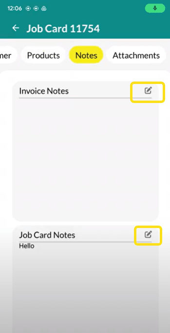 Workshop Software screen showing then press on the box next to invoice/job notes to edit or add notes