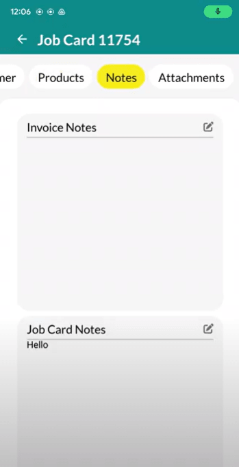 Workshop Software screen showing notes tab click on the notes tab at the top of the job card