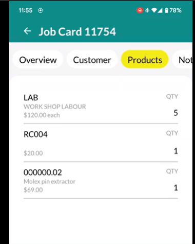 Workshop Software screen showing products tab this will show you the products that are attached to the invoice…