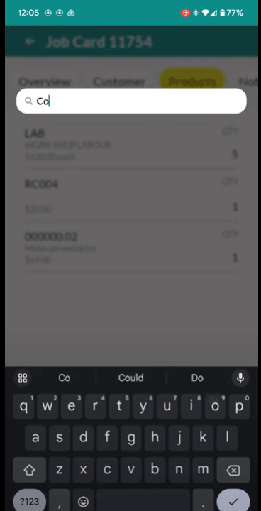 Workshop Software screen showing you can search for a part by typing in the part name/number in the search bar…