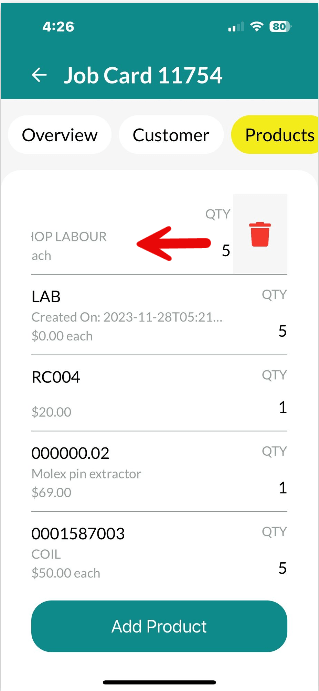 Workshop Software screen showing swipe the product left to delete an item