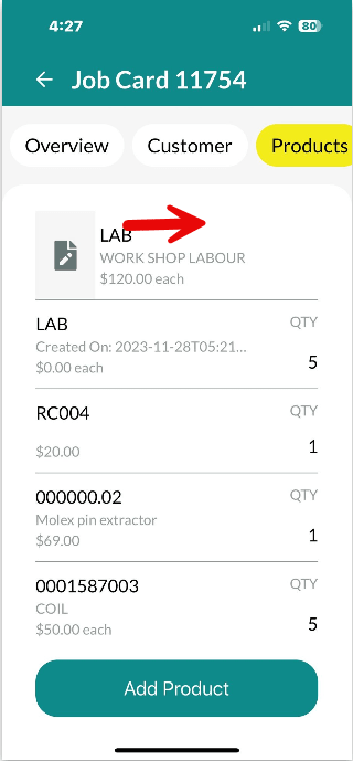 Workshop Software screen showing swipe the product right to edit the product/ product qty/ price or description