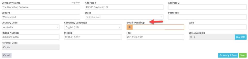 Workshop Software screen showing you will see the status has changed to email (pending)