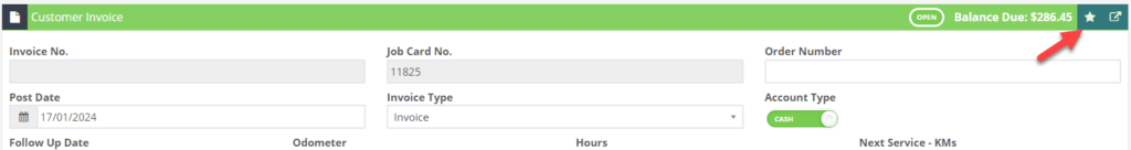 Workshop Software copy invoice with attachments showing action star
