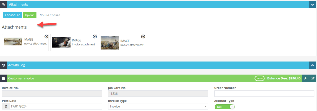 Workshop Software copy invoice with attachments showing 