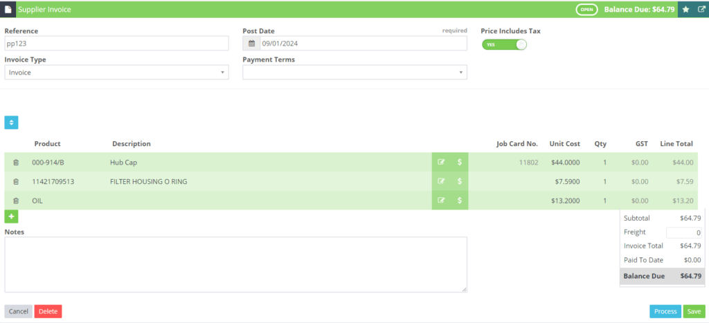 Workshop Software screen showing you will see that it does not have a tax subtotal