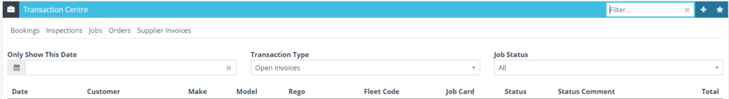 Workshop Software screen showing by default the transaction centre will open up on the jobs tab