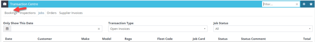 Workshop Software transaction centre showing bookings tab