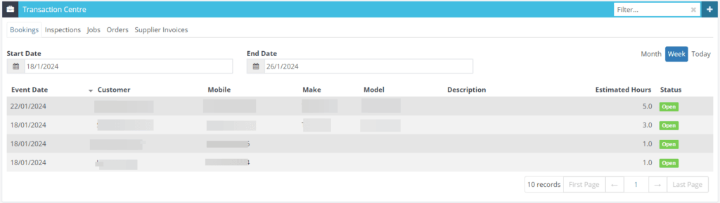 Workshop Software screen showing this feature will show bookings including their status, estimated hours and a…