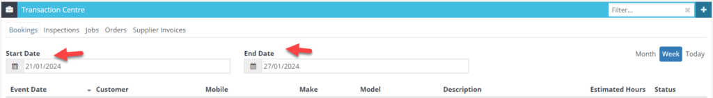 Workshop Software screen showing (if you need to see different weeks change the start date and end date.)