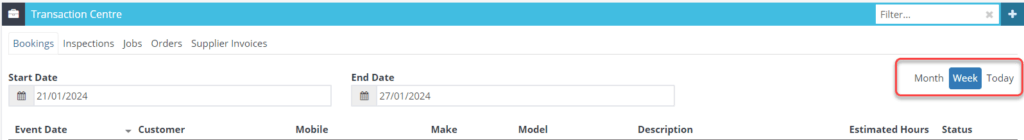 Workshop Software transaction centre showing view between month/week/today, by pressing on the tab