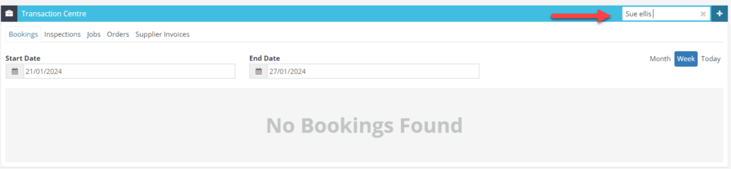 Workshop Software screen showing to view bookings for a specific customer, enter the customer name in the sear…