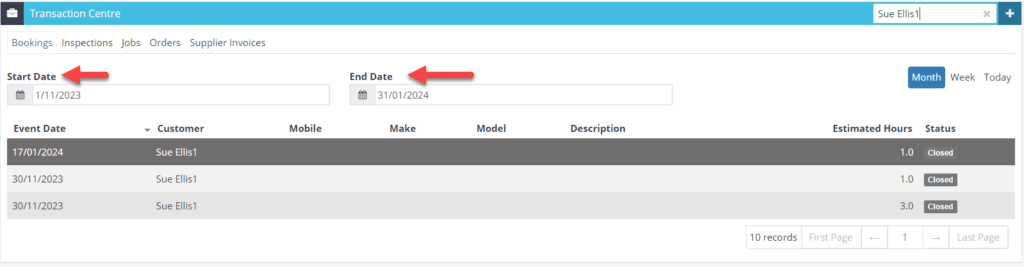 Workshop Software transaction centre showing start date and end date