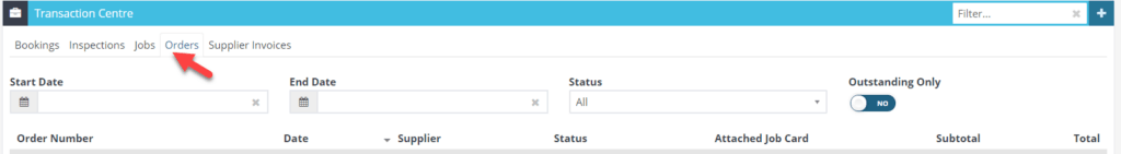 Workshop Software transaction centre showing order tab (it is defaulted to see all)