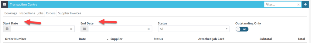 Workshop Software transaction centre showing date range by entering a start and end date