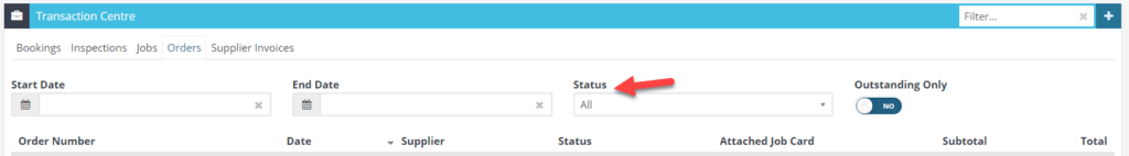 Workshop Software transaction centre showing by status by selecting on order/received/suggested