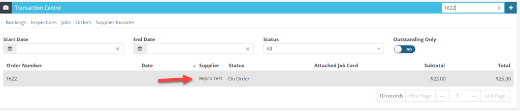Workshop Software screen showing if you press on the supplier name, it will take you to the supplier profile