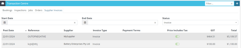 Workshop Software screen showing this tab allows you to see all supplier invoices and credits