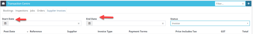 Workshop Software transaction centre showing by date range