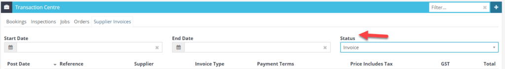 Workshop Software transaction centre showing by status