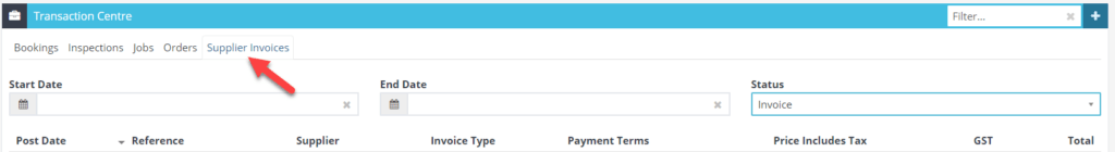 Workshop Software transaction centre showing supplier invoice tab (it is defaults to all)