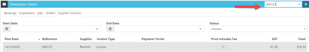 Workshop Software transaction centre showing supplier invoice number in the filter bar