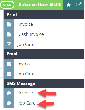 Workshop Software sms job cards and invoices showing sms invoice or job card