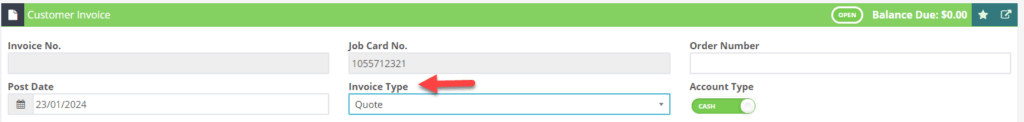 Workshop Software screen showing if you would like to sms a quote or credit, change the invoice type on the in…