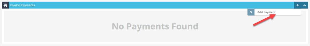 Workshop Software allocate a payment to a customers invoice showing add payment