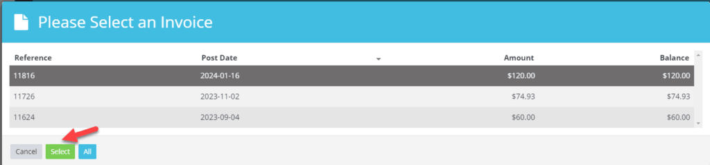 Workshop Software allocate a payment to a customers invoice showing customers invoice, press select