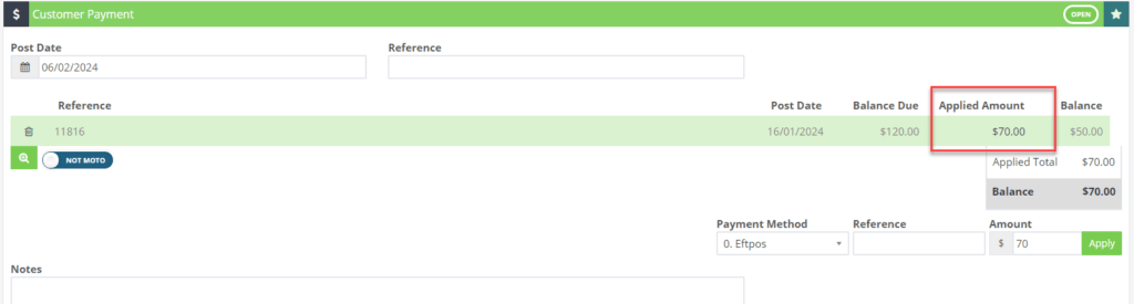 Workshop Software screen showing if an amount has not been added to the applied amount on the reference line a…