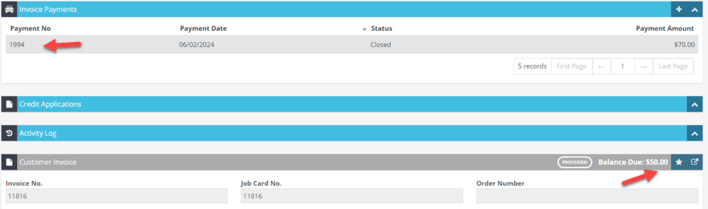 Workshop Software screen showing once you’ve completed the payment process, you’ll see the payment or payments…