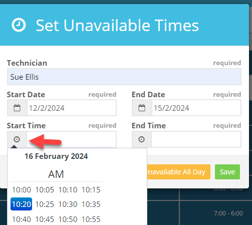 Workshop Software screen showing when your technician has specific times they can’t work for an extended perio…