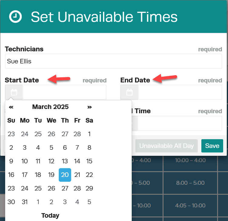 Workshop Software schedule unavailability showing start date > end date” width=”421″ height=”409″>
5. Select Yellow Unavailable All Day.
<img loading=