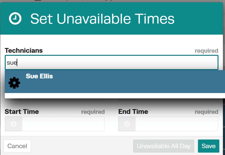 Workshop Software schedule unavailability showing technician