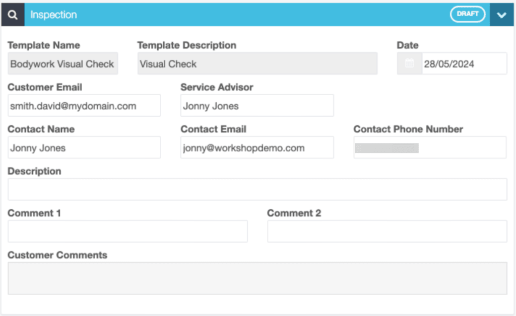 Workshop Software screen showing - once you have selected the template, the system will auto-fill the inspecti…