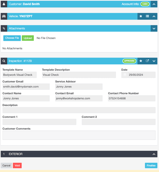 Workshop Software screen showing the image below illustrates the approved inspection by the workshop