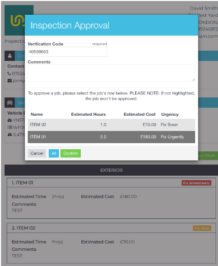 Workshop Software screen showing - by clicking on the link, the customer will be sent to the inspection detail…