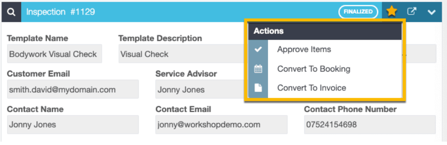 Workshop Software screen showing you can then convert the inspection into a booking or an invoice with all det…