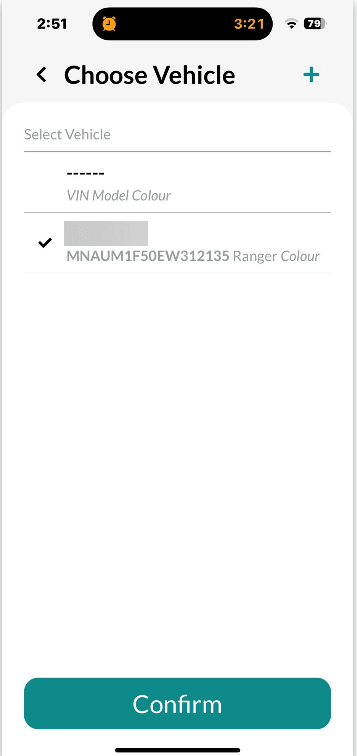Workshop Software mobile app invoice functionality showing vehicle you will be working on, then press confirm