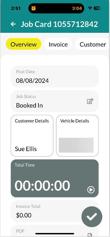 Workshop Software screen showing you will then be taken to the job card overview tab, where you will be able t…