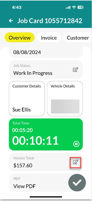 Workshop Software mobile app invoice functionality showing box next to invoice total to add more products or update the la…
