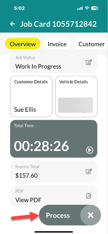 Workshop Software mobile app invoice functionality showing process