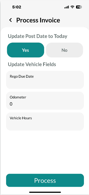 Workshop Software mobile app invoice functionality showing whether to update the post date to today then press process