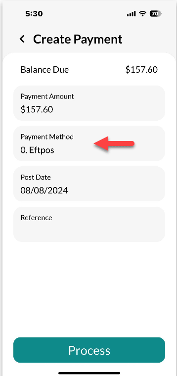 Workshop Software mobile app invoice functionality showing payment method by pressing in the payment method box process